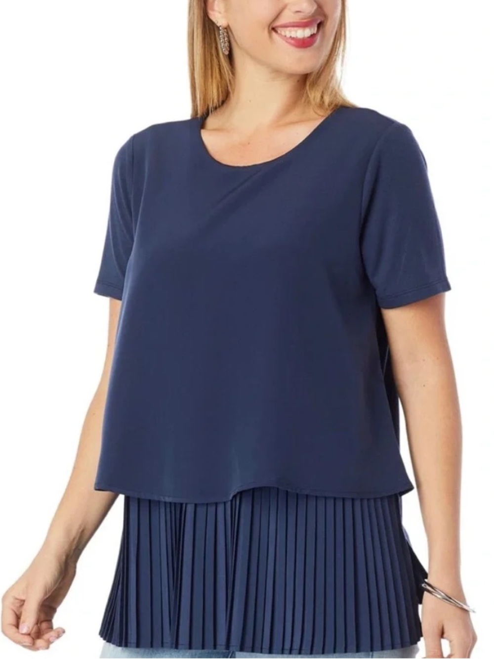 DG2 Pleated Short-Sleeve Layered Pleated Navy Short-Sleeve Easy Tunic Top Sz L